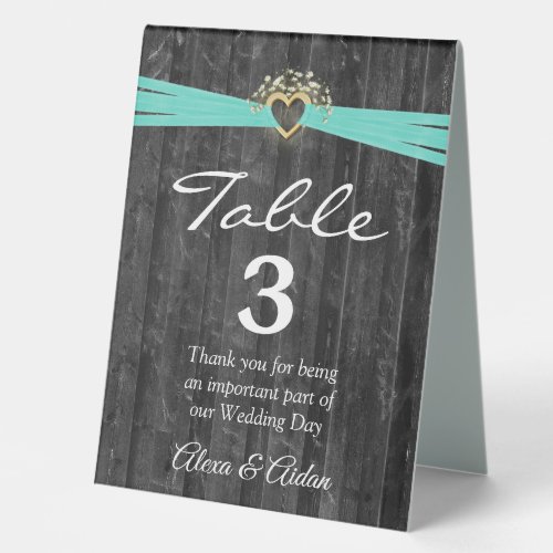 Gold Heart with Turquoise Ribbon On Gray Wood Table Tent Sign
