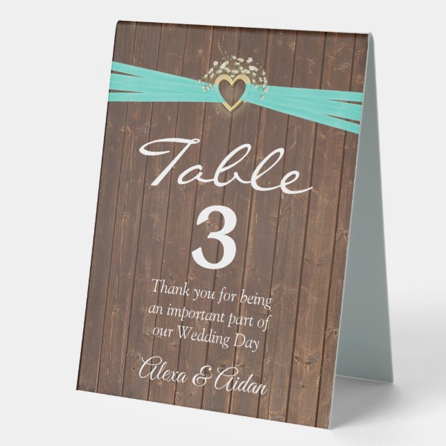 Gold Heart with Turquoise Ribbon On Wood  Table Tent (Front)