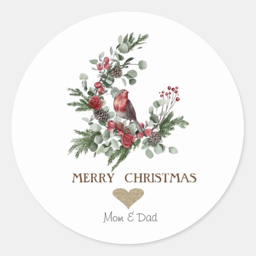 Gold HeartWreath Red Cardinal Christmas  Classic Round Sticker