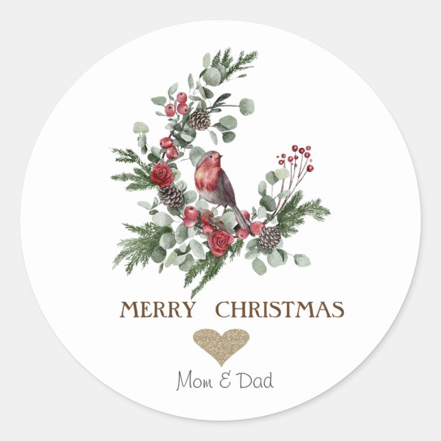 Gold Heart,Wreath Red Cardinal Christmas  Classic Round Sticker (Front)