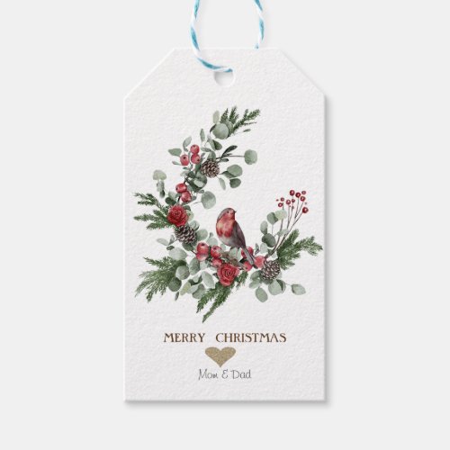 Gold HeartWreath Red Cardinal Christmas   Gift Tags
