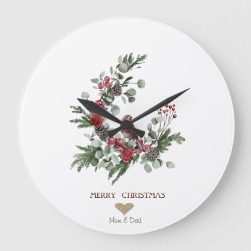 Gold HeartWreath Red Cardinal Christmas    Large Clock