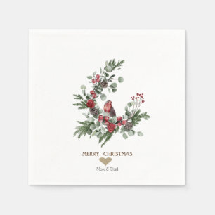Gold Heart,Wreath Red Cardinal Christmas Napkins