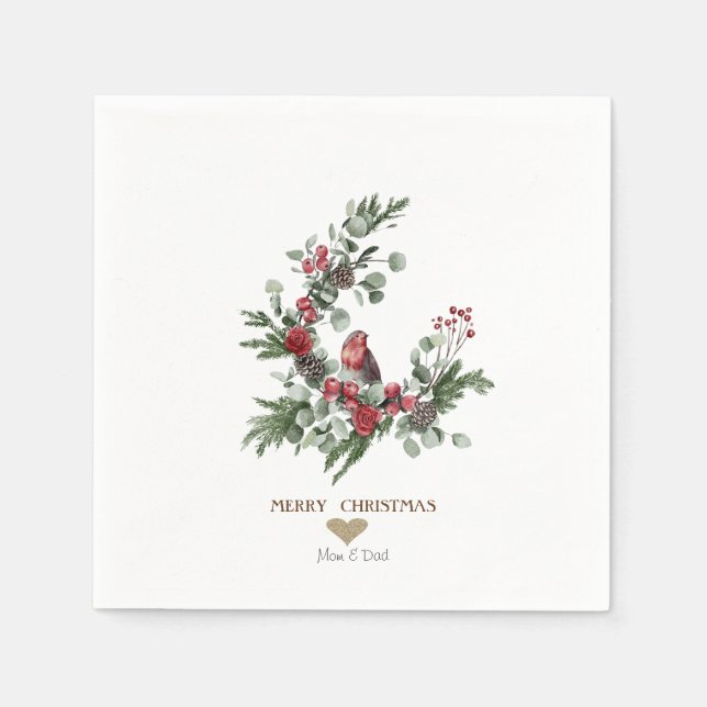 Gold Heart,Wreath Red Cardinal Christmas  Napkins (Front)