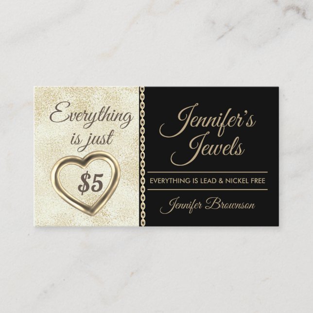 Gold Hearted Five Dollar Jewelry Accessories Business Card (Front)