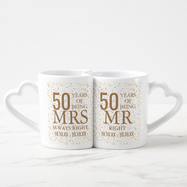 Gold Hearts 50th Anniversary Mr Mrs Right Coffee Mug Set (Back Nesting)