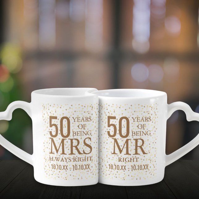 Gold Hearts 50th Anniversary Mr Mrs Right Coffee Mug Set (Gold Hearts 50th Anniversary Mr Mrs Right Coffee Mug Set)
