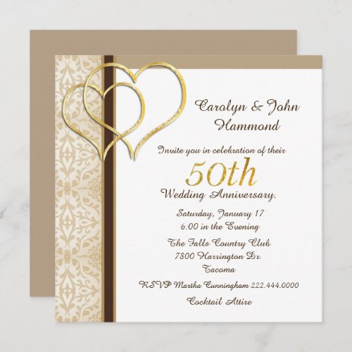 Gold Hearts 50th Wedding Anniversary Invitation