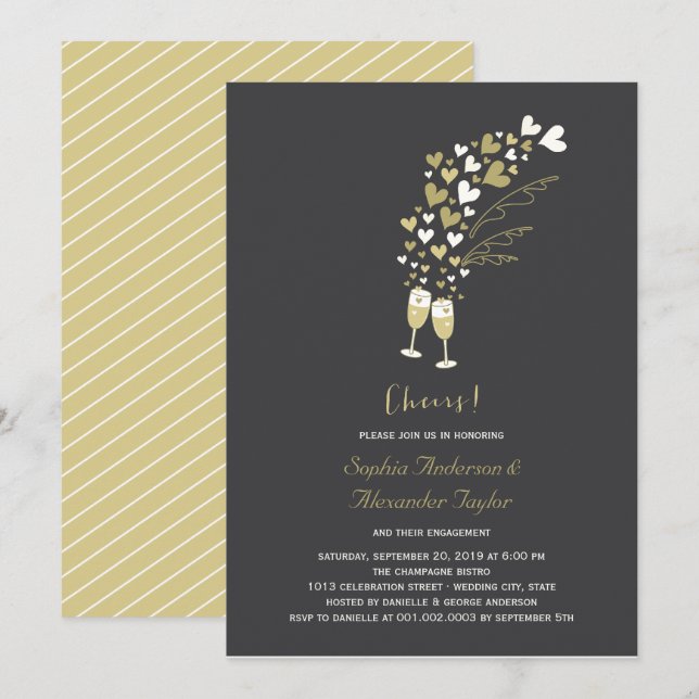 Gold Hearts And Champagne Cheers Engagement Party Invitation (Front/Back)