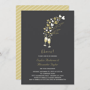 Gold Hearts And Champagne Cheers Engagement Party Invitation