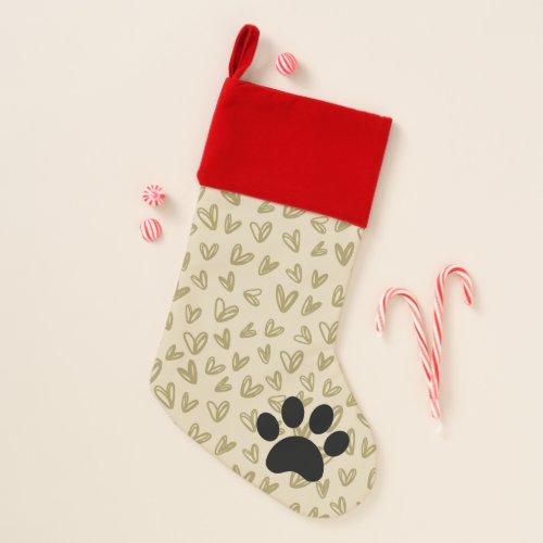 Gold Hearts and Paw Print Christmas Stocking