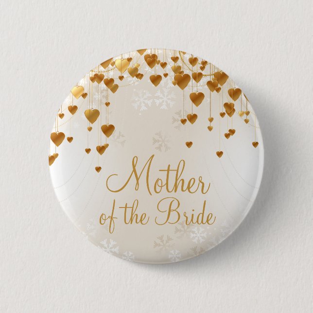 Gold Hearts and Snowflakes Mother of the Bride Pinback Button (Front)