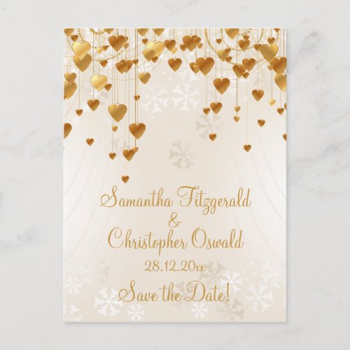 Gold Hearts and Snowflakes Save the Date Announcement Postcard