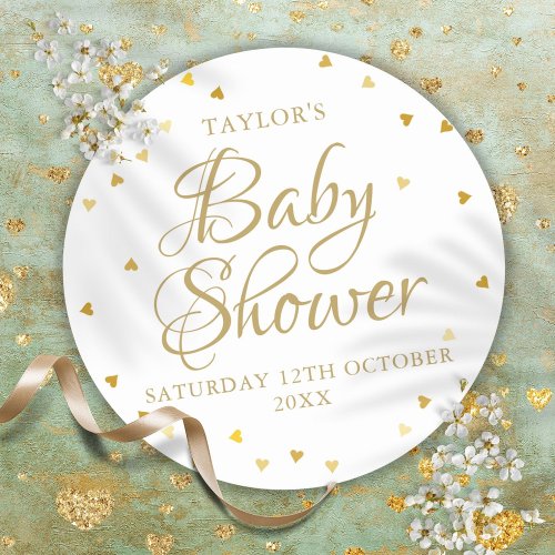 Gold hearts baby shower classic round sticker