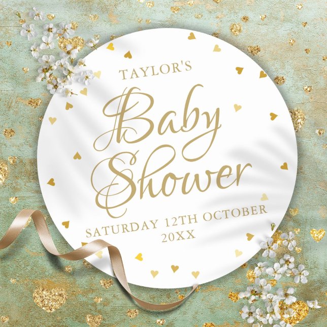 Gold hearts baby shower classic round sticker (Gold hearts baby shower classic round sticker)
