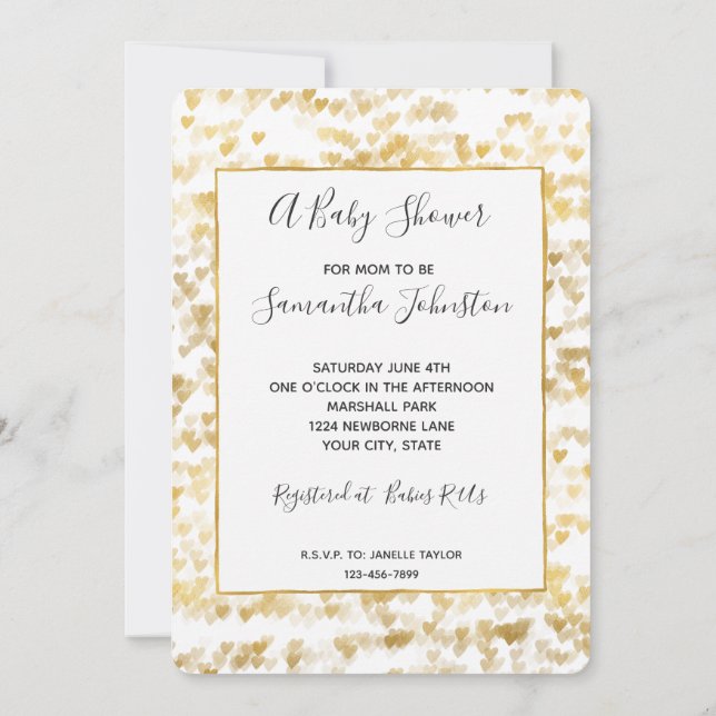 Gold Hearts Baby Shower Invitation (Back)