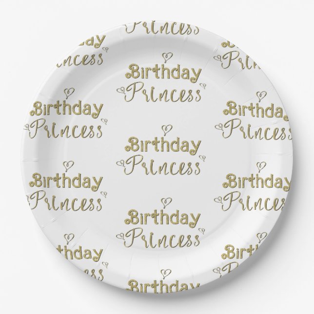 Gold Hearts Birthday Princess Party  Paper Plates (Front)