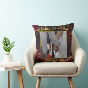 Gold Hearts, Black Background Custom Photo & Text Throw Pillow