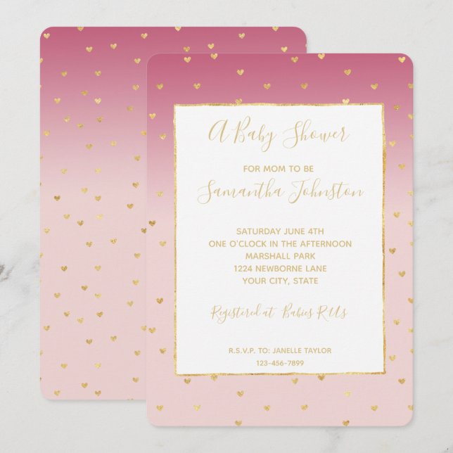 Gold Hearts Blush Pink Ombre Baby Shower Invitation (Front/Back)