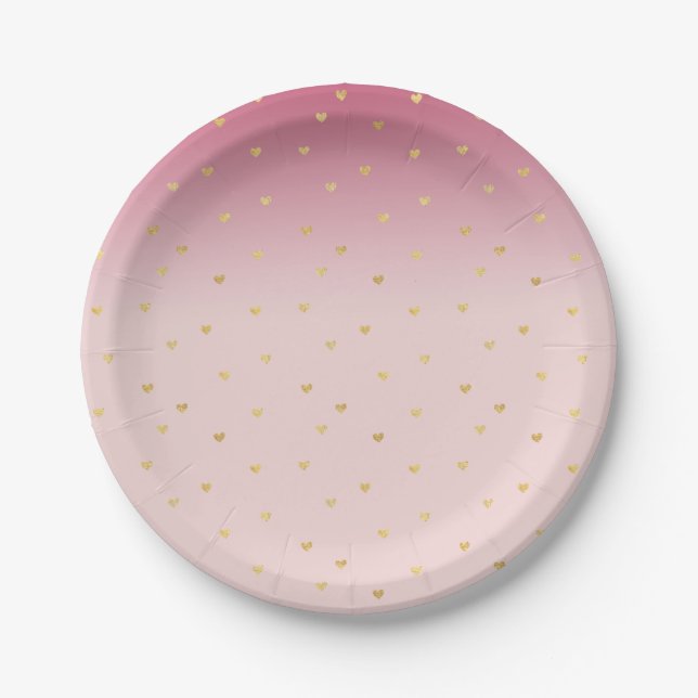 Gold Hearts Blush Pink Ombre Paper Plates (Front)