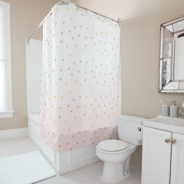 Gold Hearts Blush Pink Ombre Shower Curtain (In Situ)