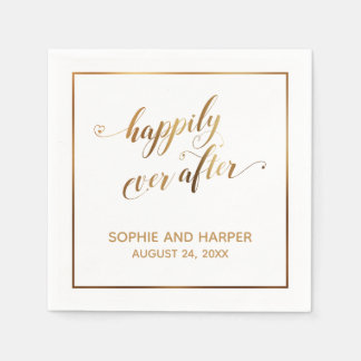 Gold Hearts & Border Happily Ever After, White Napkins