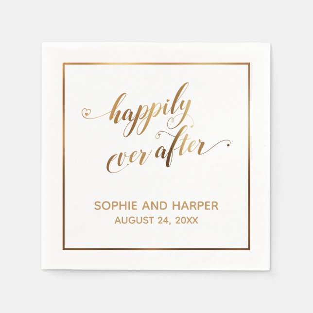 Gold Hearts & Border Happily Ever After, White Napkins (Front)