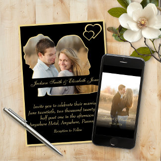 Gold Hearts Bride and Groom Shape Photo Wedding Invitation