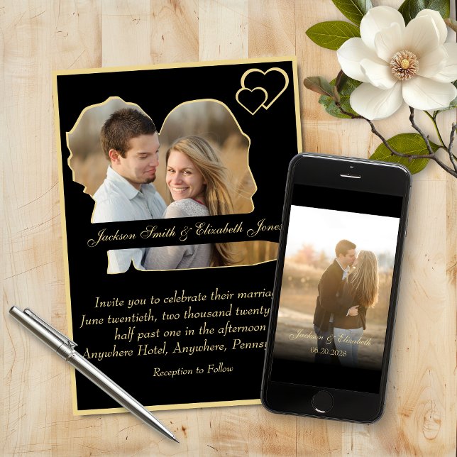 Gold Hearts Bride and Groom Shape Photo Wedding Invitation (Creator Uploaded)