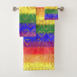 Gold Hearts, Bright Rainbow Gay Pride Flag Colors Bath Towel Set