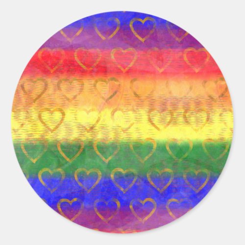Gold Hearts Bright Rainbow Gay Pride Flag Colors Classic Round Sticker