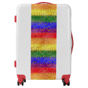 Gold Hearts, Bright Rainbow Gay Pride Flag Colors Luggage