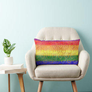 Gold Hearts, Bright Rainbow Gay Pride Flag Colors Lumbar Pillow