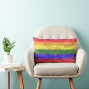 Gold Hearts, Bright Rainbow Gay Pride Flag Colors Lumbar Pillow