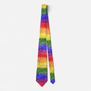 Gold Hearts, Bright Rainbow Gay Pride Flag Colors Neck Tie