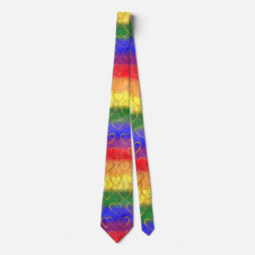 Gold Hearts Bright Rainbow Gay Pride Flag Colors Neck Tie