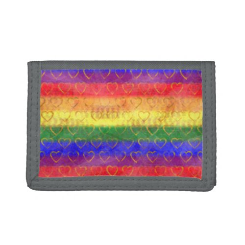 Gold Hearts Bright Rainbow Gay Pride Flag Colors Trifold Wallet