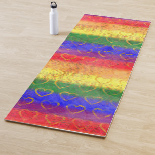 Gold Hearts, Bright Rainbow Gay Pride Flag Colors Yoga Mat