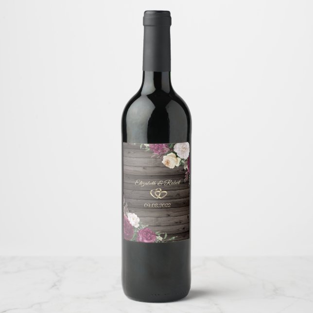 Gold Hearts Burgundy Flowers Wood Wine Label (Front)