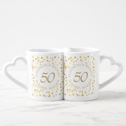 Gold Hearts Confetti 50th Anniversary Coffee Mug Set