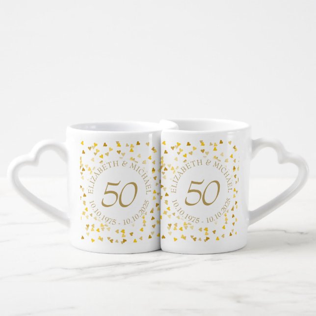 Gold Hearts Confetti 50th Anniversary Coffee Mug Set (Front Nesting)
