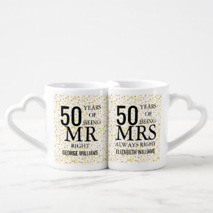 Gold Hearts Confetti 50th Anniversary Mr Mrs Right Coffee Mug Set