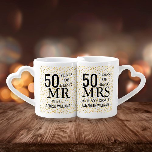 Gold Hearts Confetti 50th Anniversary Mr Mrs Right Coffee Mug Set