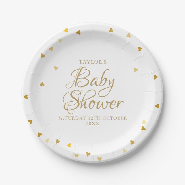 Gold Hearts Confetti Baby Shower / Sprinkle Paper Plates (Front)