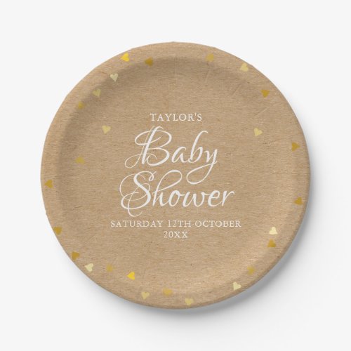 Gold Hearts Confetti Baby Shower  Sprinkle Rustic Paper Plates