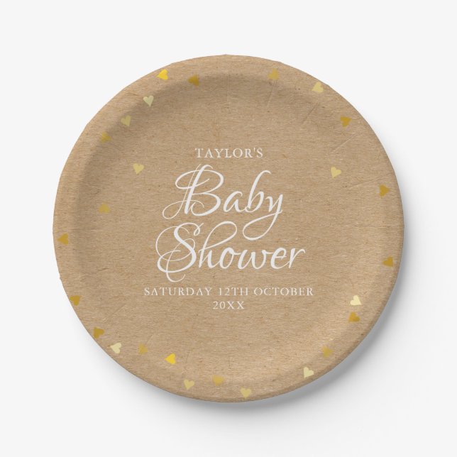 Gold Hearts Confetti Baby Shower / Sprinkle Rustic Paper Plates (Front)