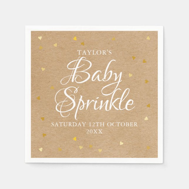 Gold Hearts Confetti Baby Sprinkle / Shower Rustic Napkins (Front)