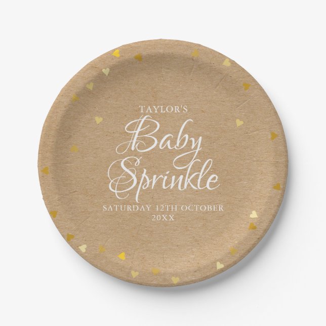 Gold Hearts Confetti Baby Sprinkle / Shower Rustic Paper Plates (Front)