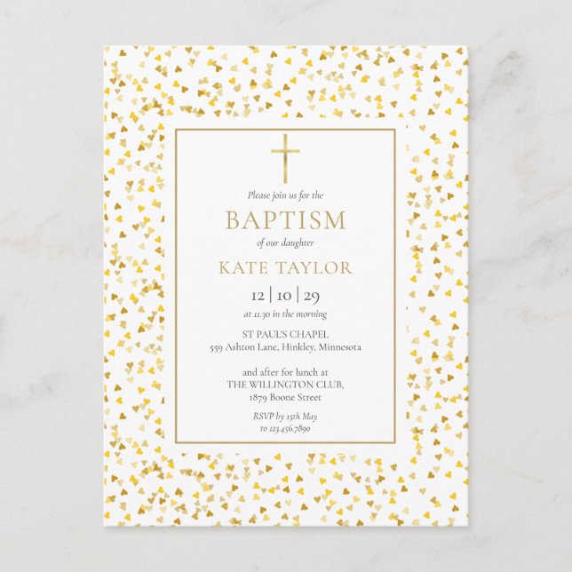 Gold Hearts Confetti Baptism Christening Invitation Postcard (Front)