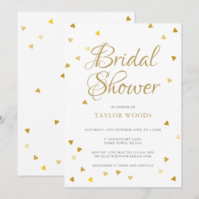 Gold hearts confetti bridal shower invitation (Front/Back)